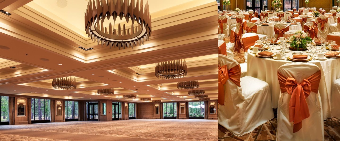 Empty meeting room adjacent to fully set ballroom tables with peach bows wrapped around the chairs