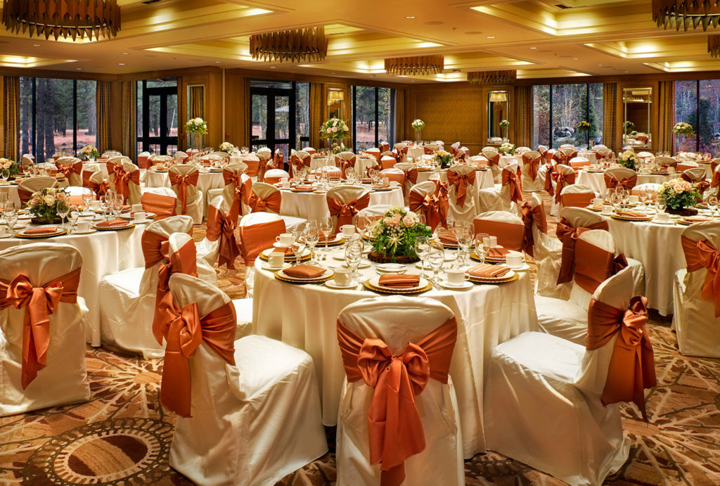 The Grand Ballroom set for a wedding reception at the Little America Hotel in Flagstaff, AZ.