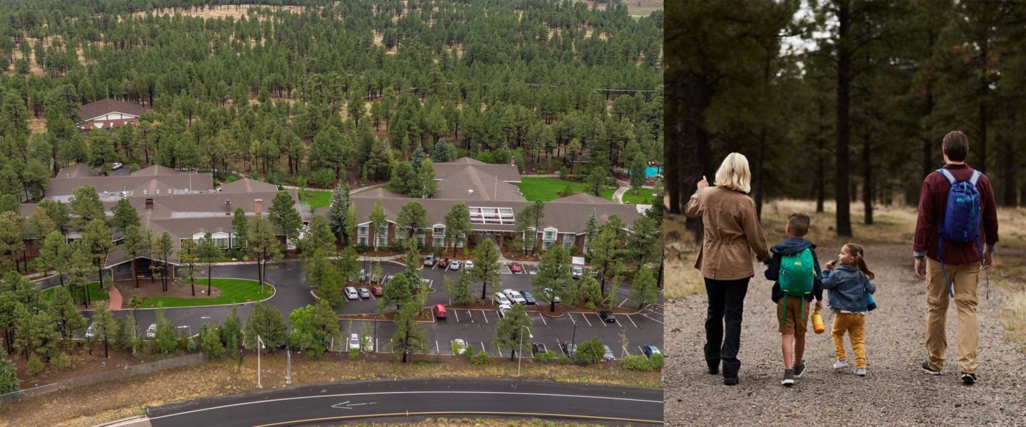 Drone shot of Exterior View of Little America Flagstaff on the left and a photo of the backs of a family walking on a trail in Flagstaff