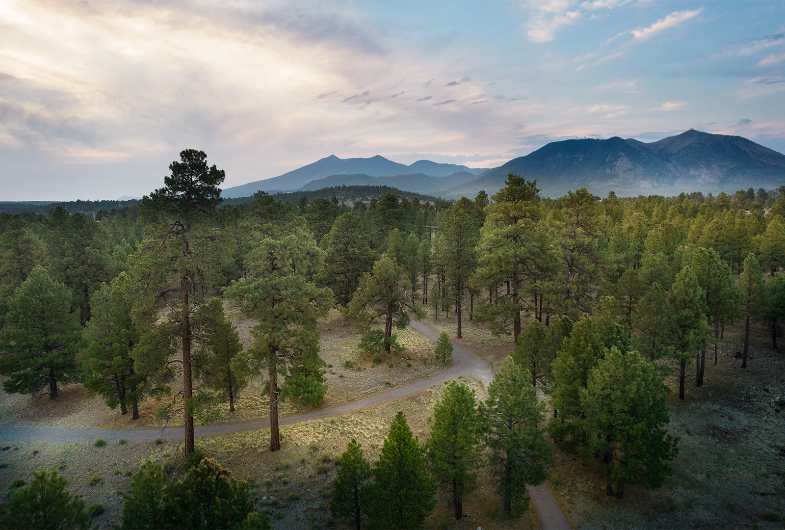 Drone shot of the forrest and hiking trail with mountains in the background.