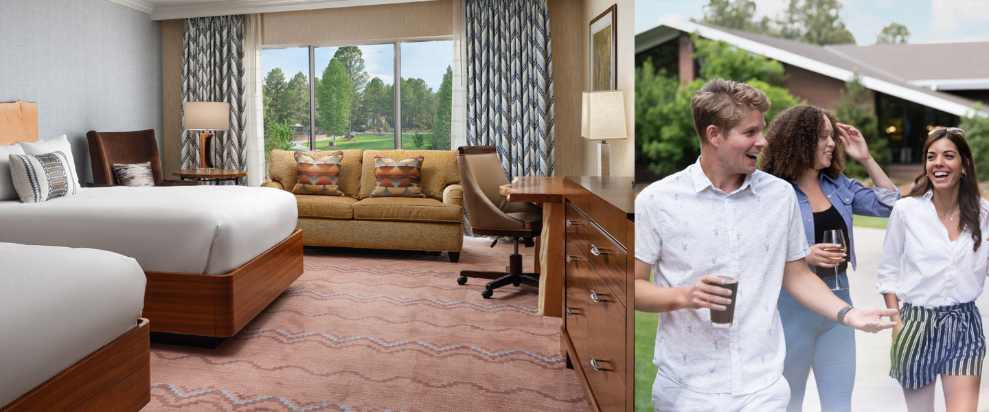 On the right, a photo of a hotel room with two queen beds overlooking some trees and a group of friends. On the left talking with drinks in hand.