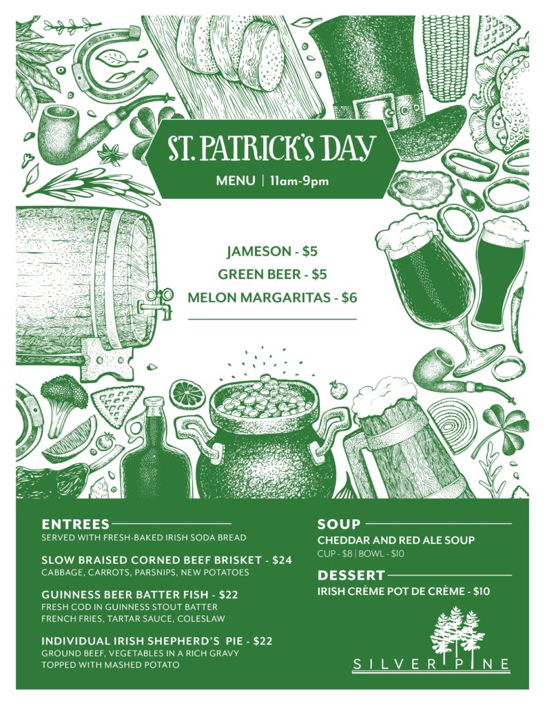 the St. Patrick's Day menu at Silver Pine Restaurant and Bar