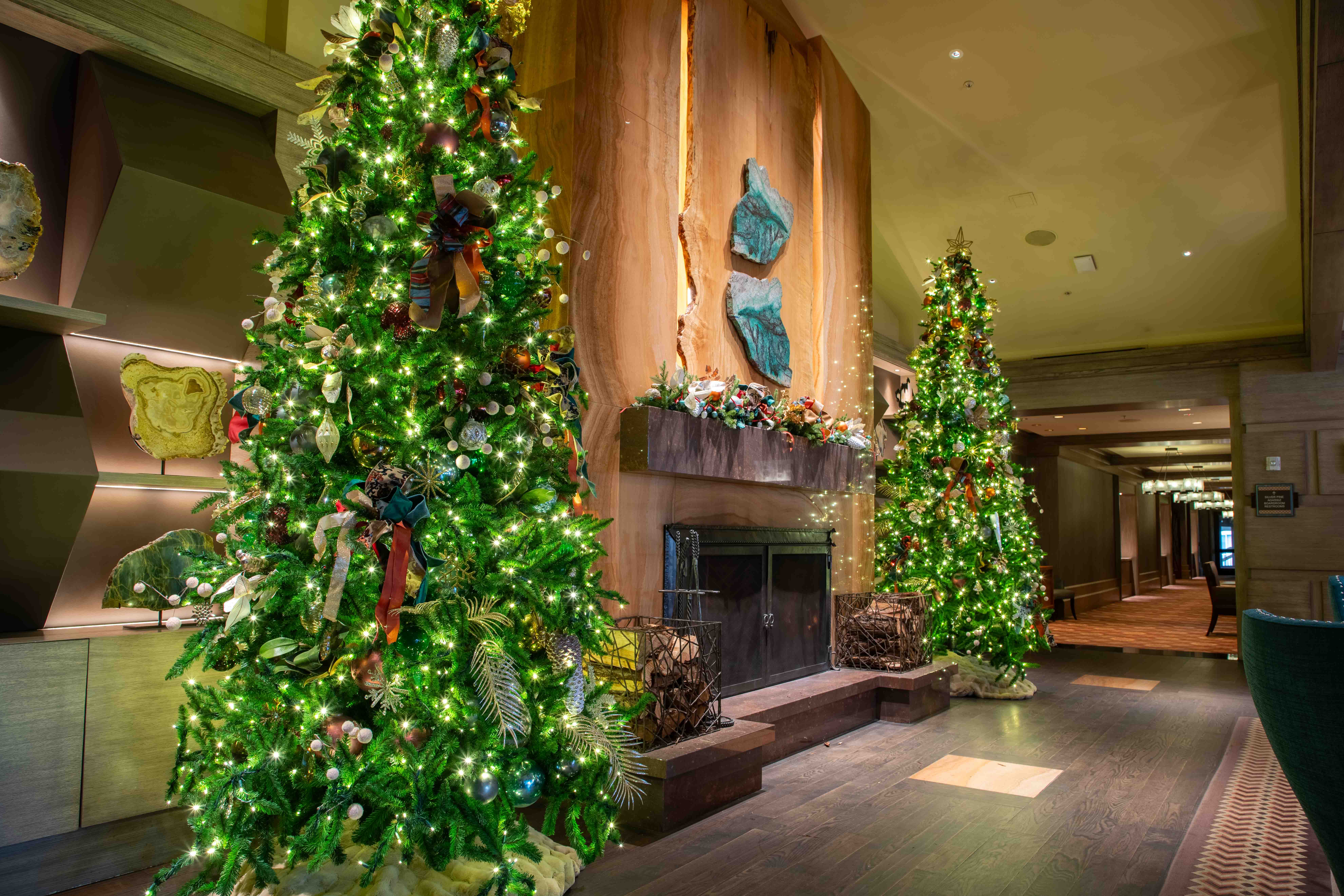 Lobby christmas trees fireplace