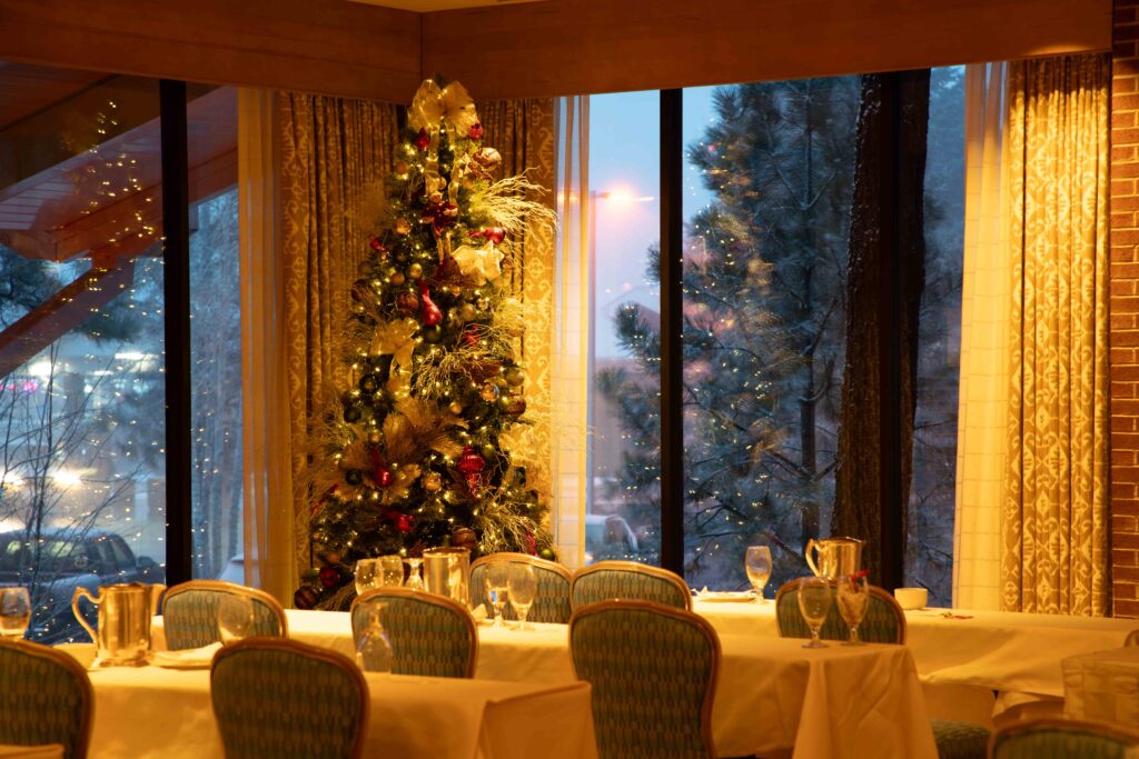 Dining room with Christmas tree and winter view